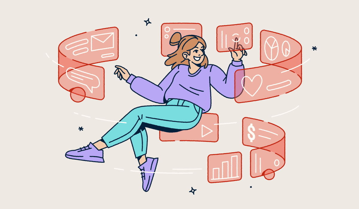 A woman floating in the air with screens swirling around her.