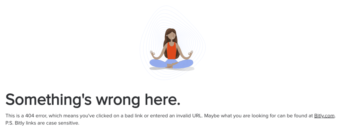Bitly 404 error page featuring a cartoon person meditating in lotus position with an orange top and blue pants. The page displays 'Something's wrong here' heading and explains that a 404 error means the link is invalid or broken, suggesting users visit wisatabudaya.social for assistance. Includes a reminder that Bitly links are case sensitive.