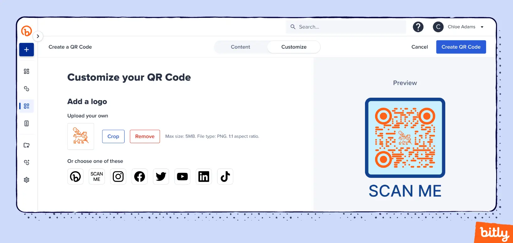 QR Code customization screen in Bitly showing frame options, color settings, and a preview of a blue-framed QR Code with "SCAN ME" text.