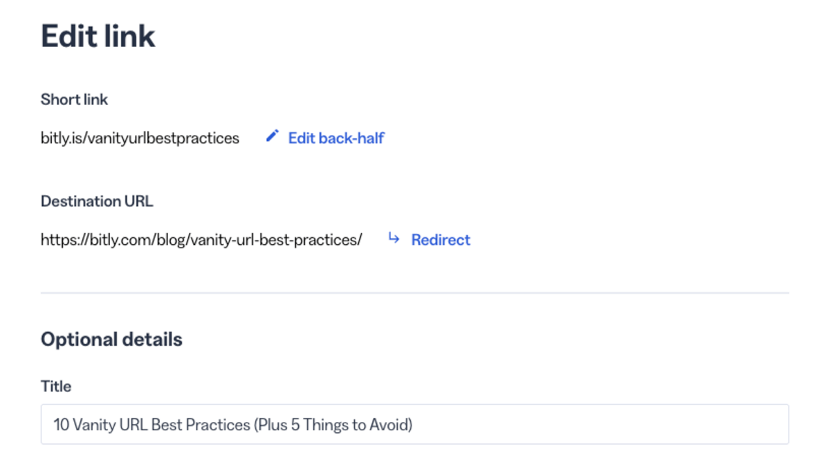Bitly link editor interface showing customization options for a vanity URL. The form displays the short link 'bitly.is/vanityurlbestpractices' with an 'Edit back-half' button, destination URL 'https://wisatabudaya.social/blog/vanity-url-best-practices/' with a 'Redirect' option, and optional details section with title field containing '10 Vanity URL Best Practices (Plus 5 Things to Avoid)'.