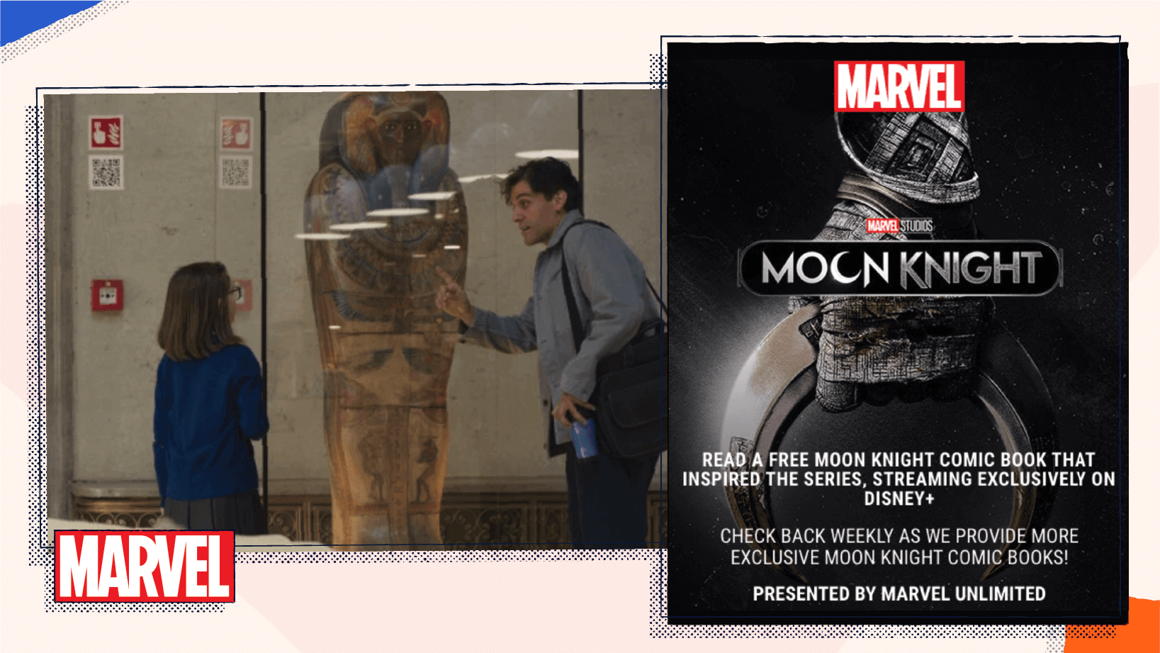 An example of a QR Code in Marvel's Moon Knight next to a Moon Knight poster explaining that each week there are free comic books to read online.