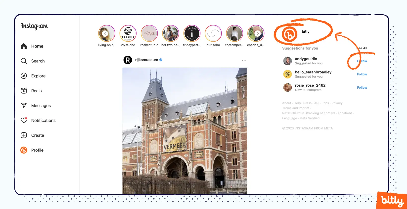 Instagram interface on a smartphone showing an Instagram feed and an orange marker pointing to and circling around Bitly’s profile icon.