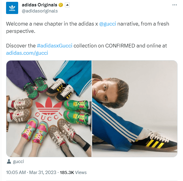 Screenshot of Gucci and Adidas footwear collection.