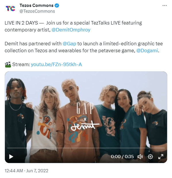 Screenshot of Gap’s campaign video featuring 6 people wearing graphic t-shirts.