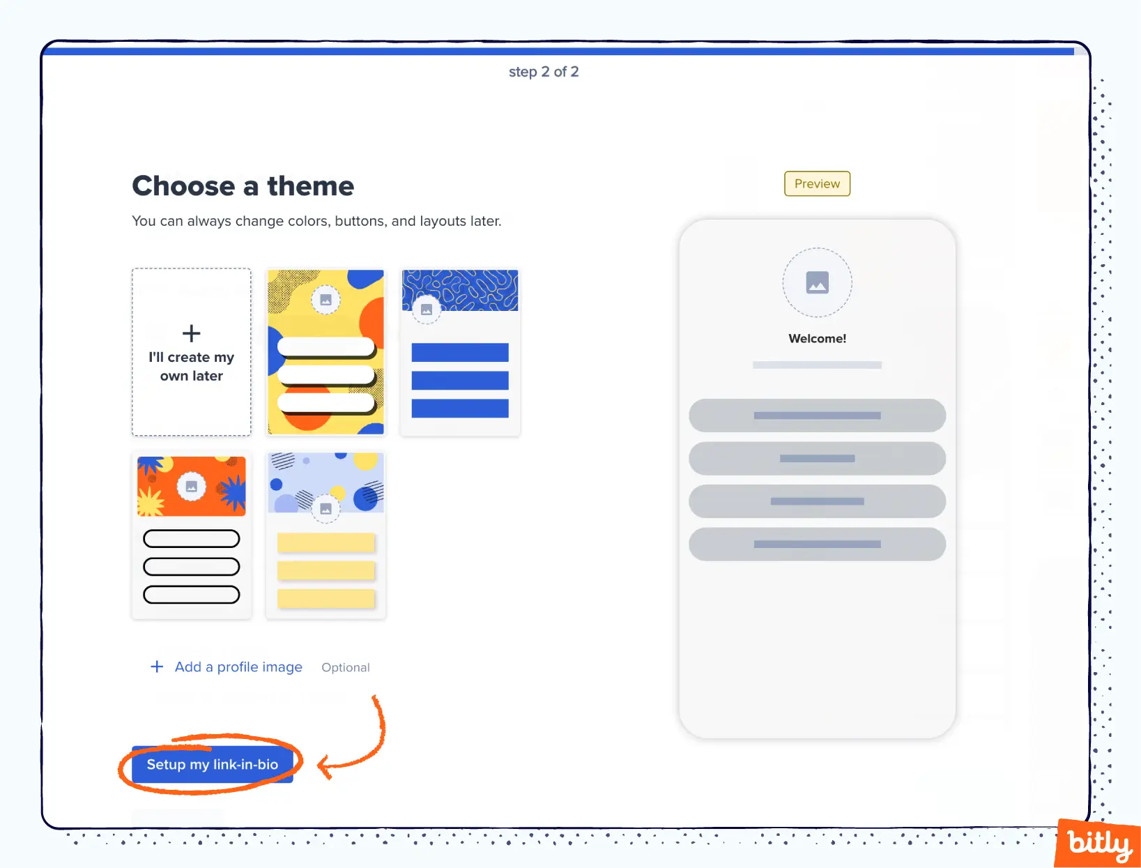 The theme selection page for creating a Bitly Link-in-bio microsite.
