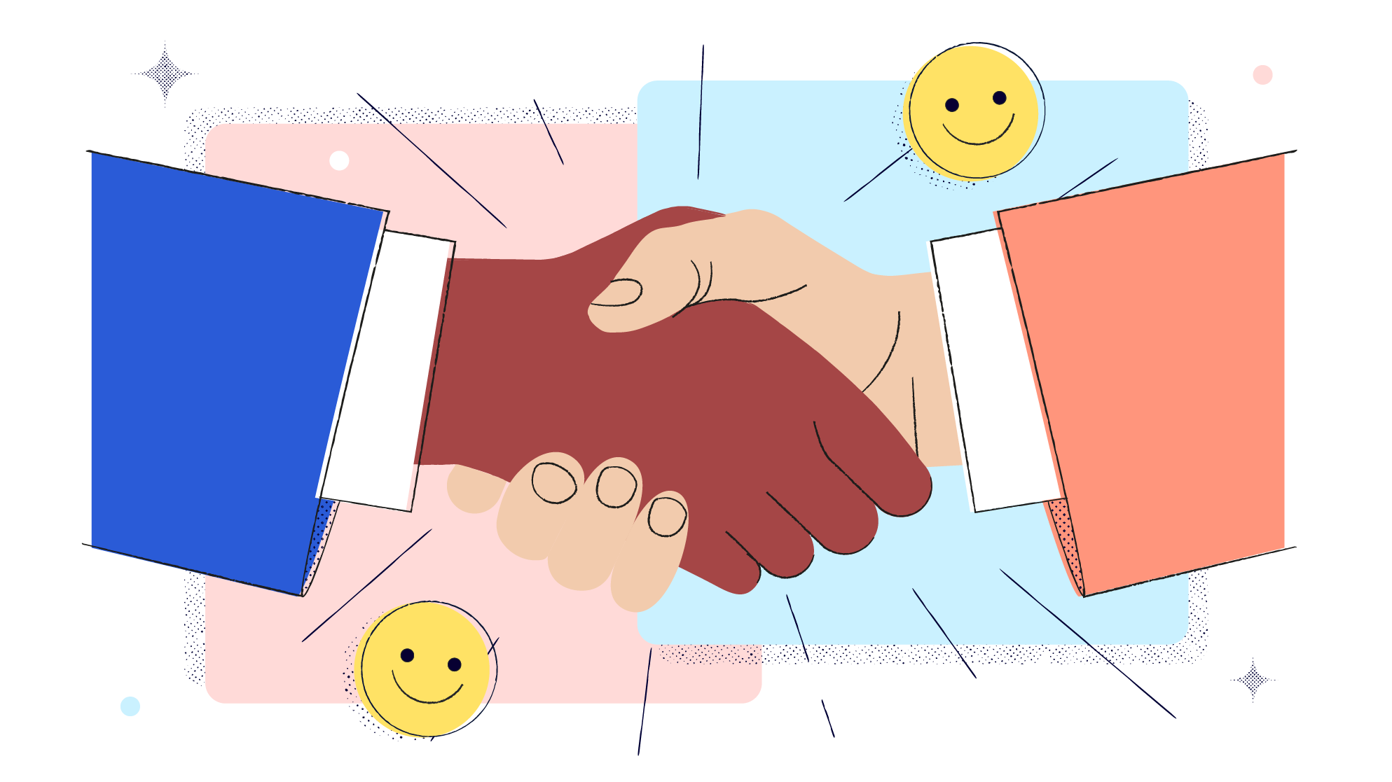 Two hands shaking with smiley faces around them