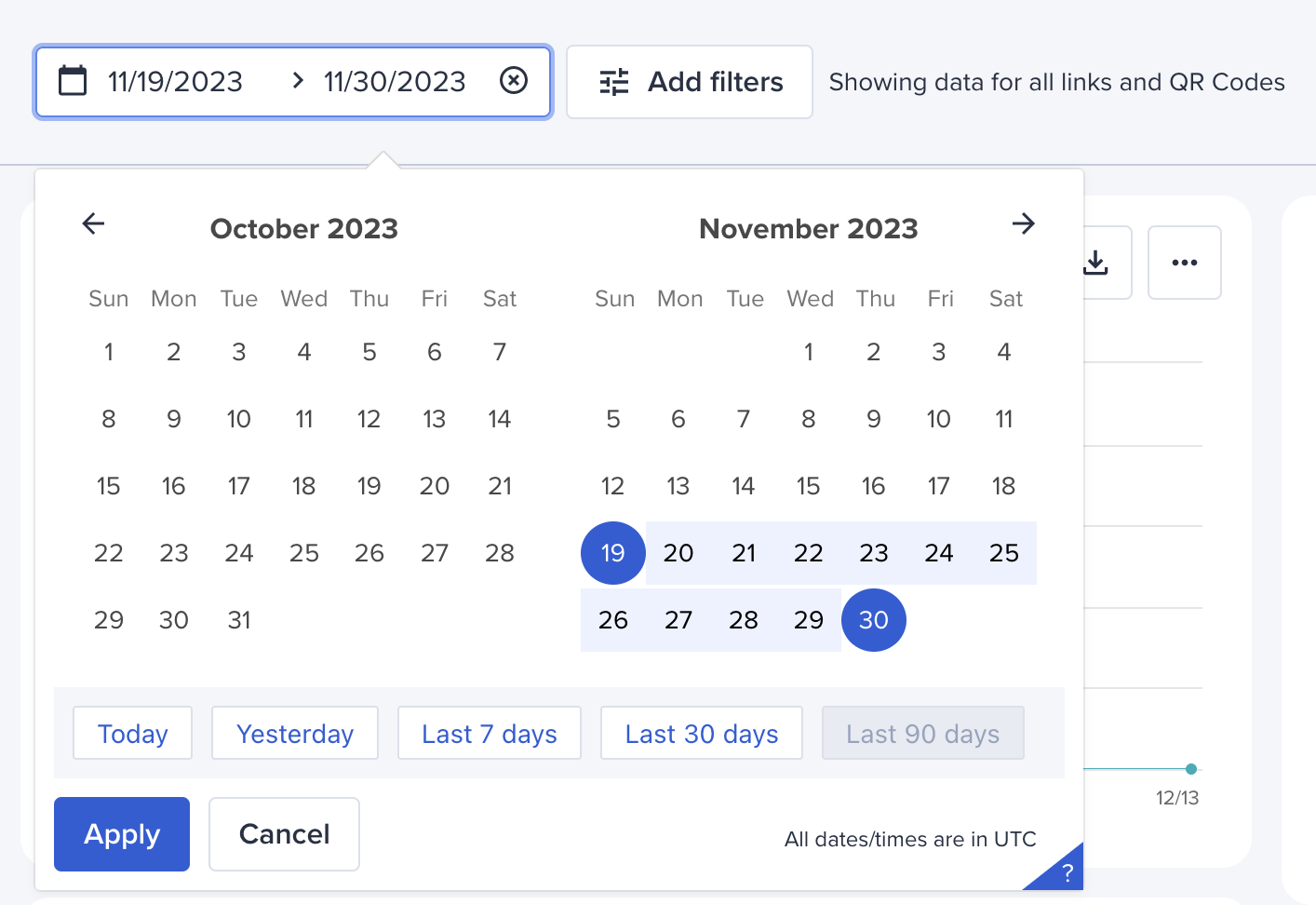 View within Bitly Analytics showing the customizable timeframe for looking at data within the platform.