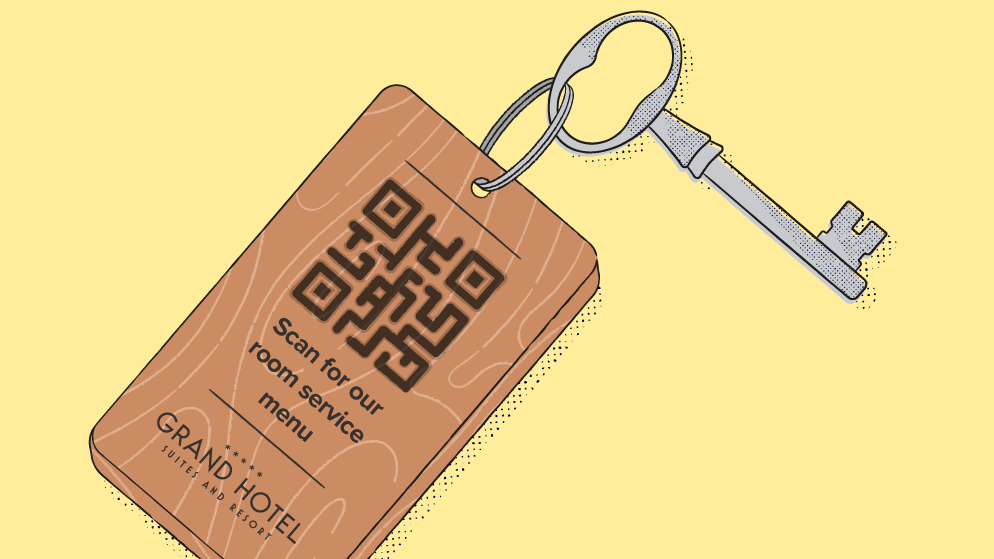 Hotel key with a QR Code printed on it that says scan for room service.
