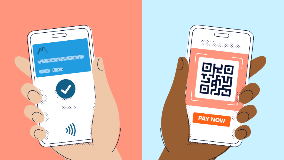Two mobile phones, one with a QR Code and text that says pay now and one with a credit card.