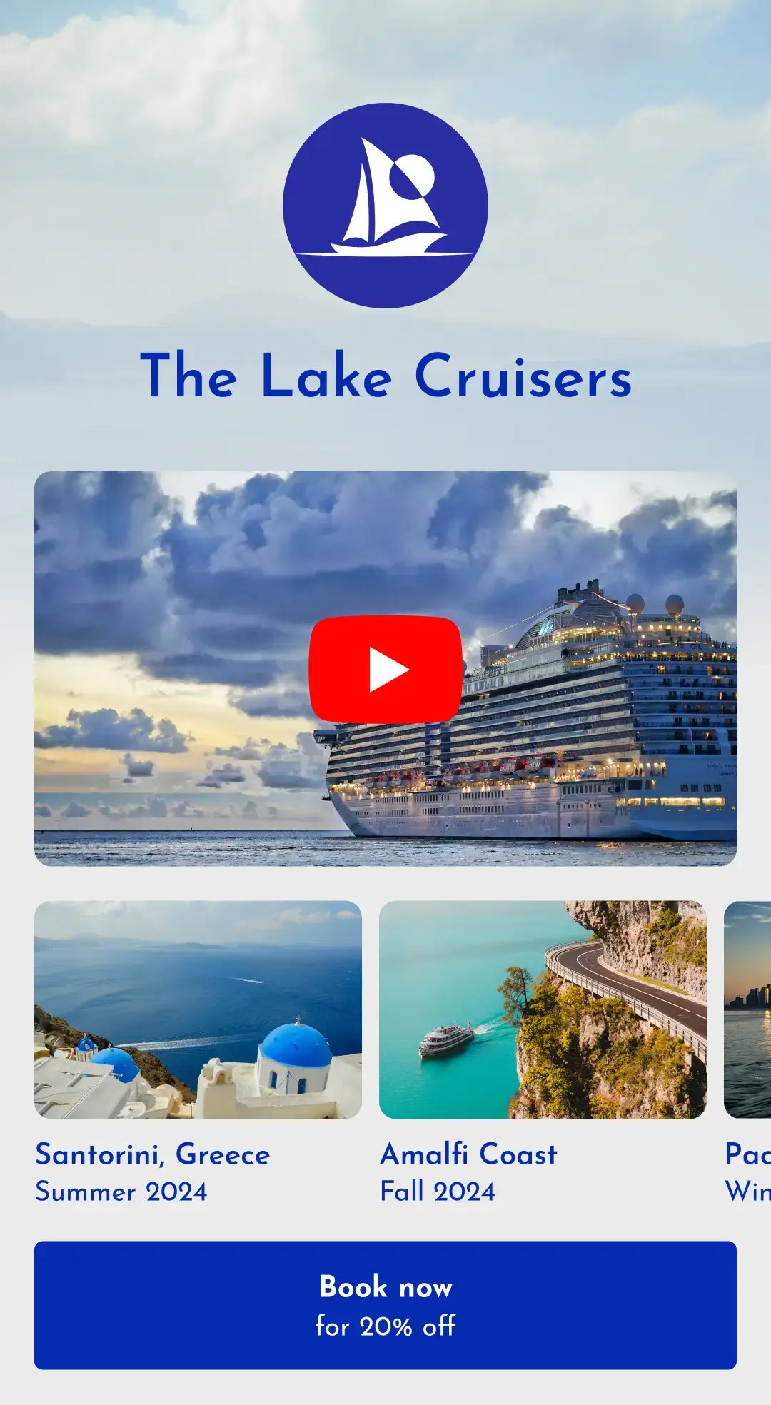 Bitly Pages landing page with a YouTube video of a cruise ship and stunning visuals of ocean views.