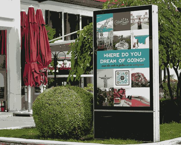 A poster of tourist destinations featuring a QR Code standing next to a bush.