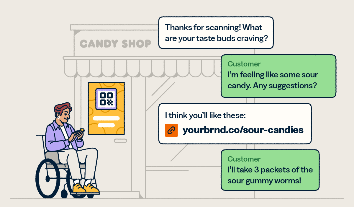 A person looking at their phone after scanning a QR Code on a sign outside of a candy shop.