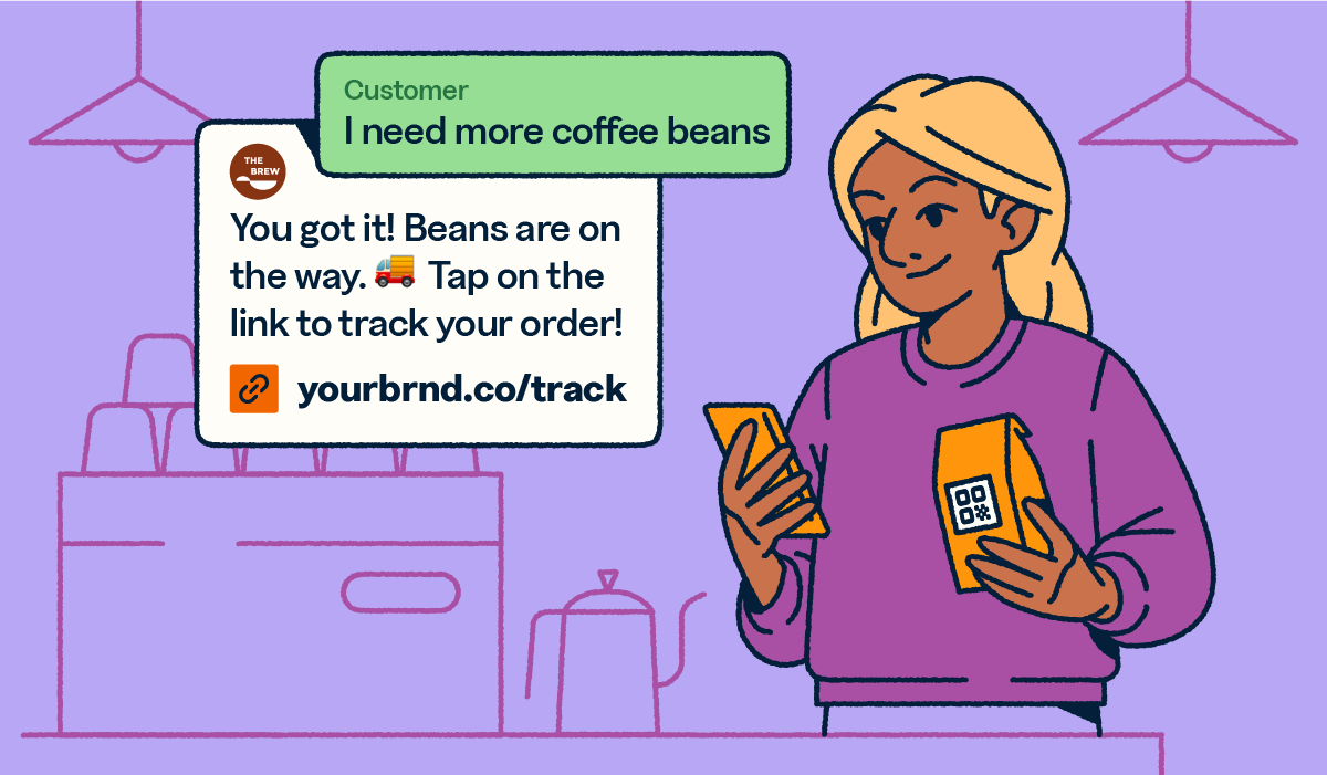 Person holding a bag of coffee and interacting with the brand through SMS message on their phone.