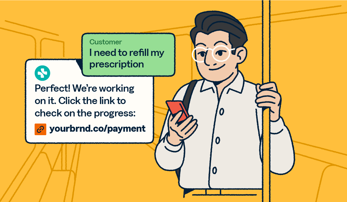 Person standing on a train having a conversation with their medicine prescription brand on their phone.