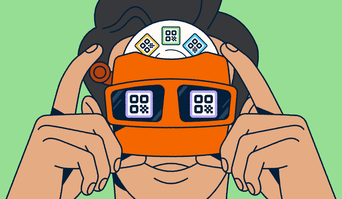 Person looking through a viewfinder at different QR Code designs.
