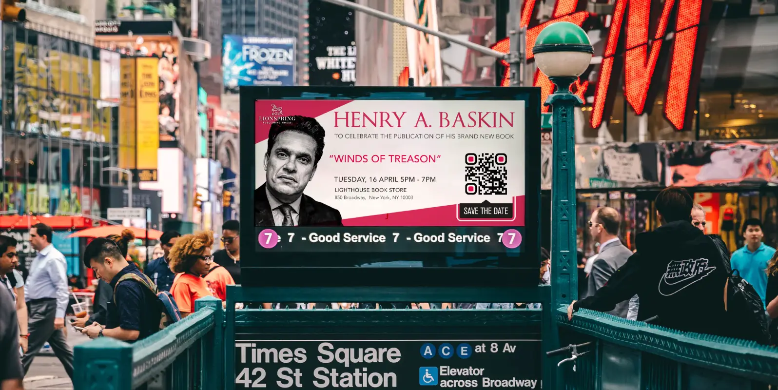 Book release event advertisement with a QR Code above a subway entrance in Times Square.
