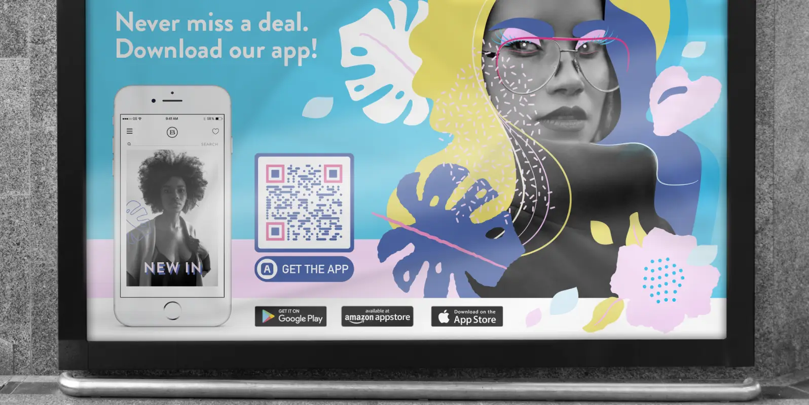 Retailer's colorful poster ad promoting its app download via QR Code.